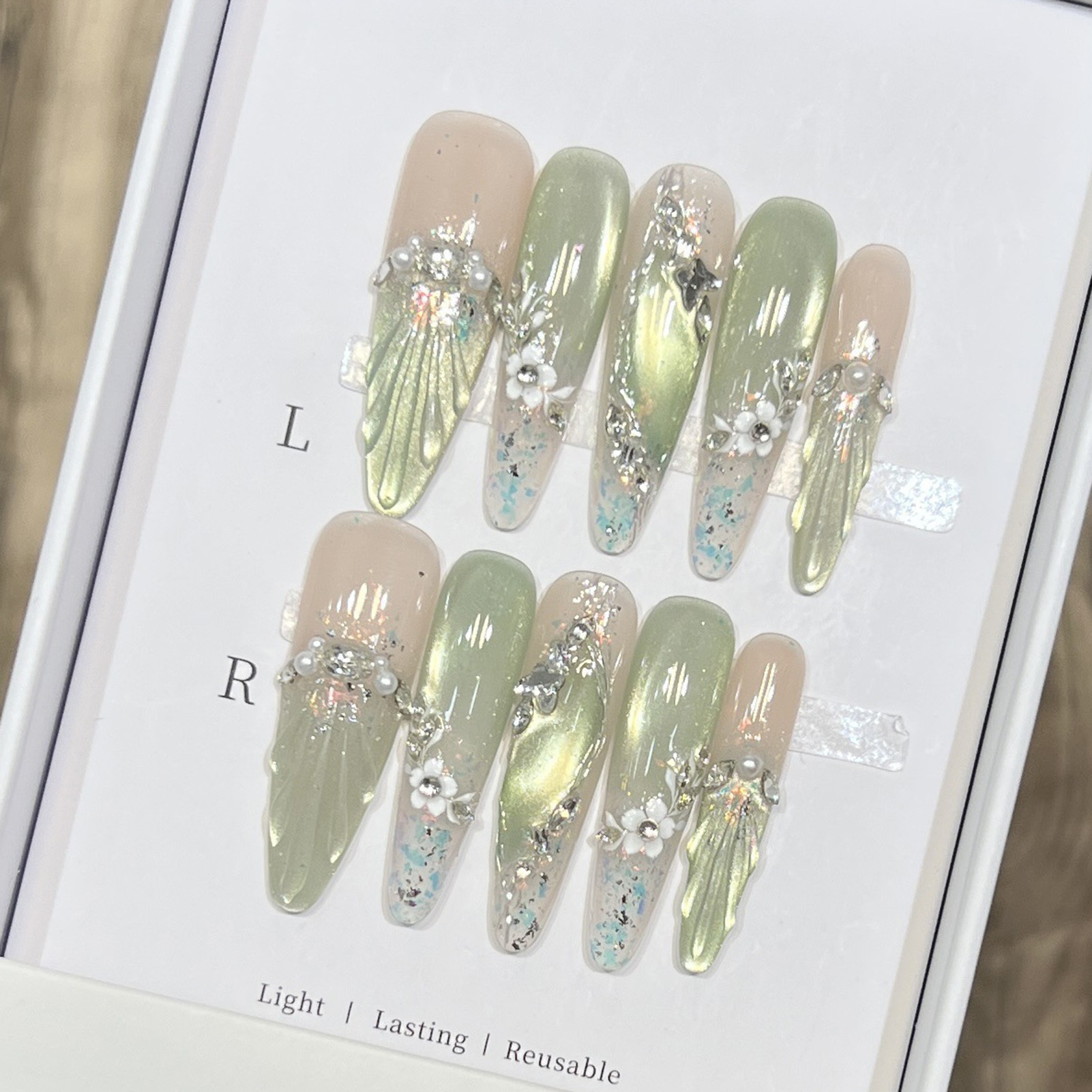 Resin Art Flower - 10pcs Long Almond Fake Nails Tips