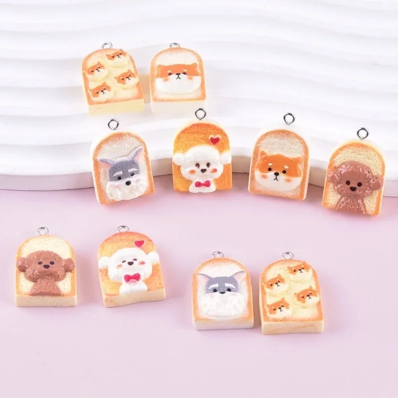 Resin Art Earrings - 10Pcs Cute Toast Dog Resin Pendants