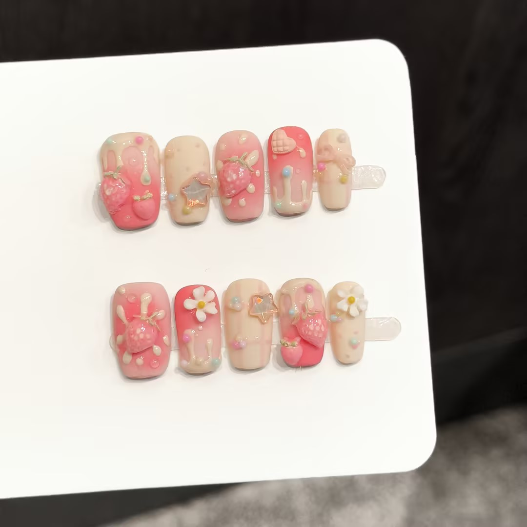 Resin Art Flower - 10PCS Square Handmade Press On Nails,