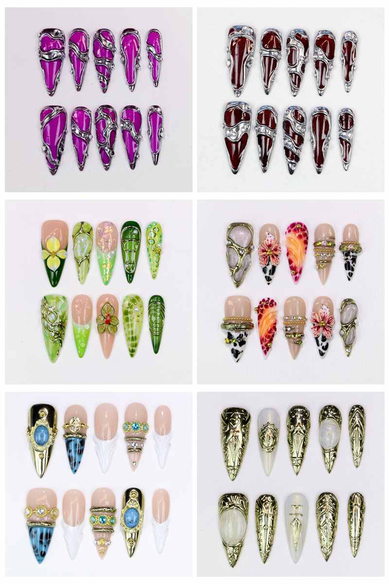 Resin Art Flower - 10Pcs Long Stiletto Press-On Nails Glossy