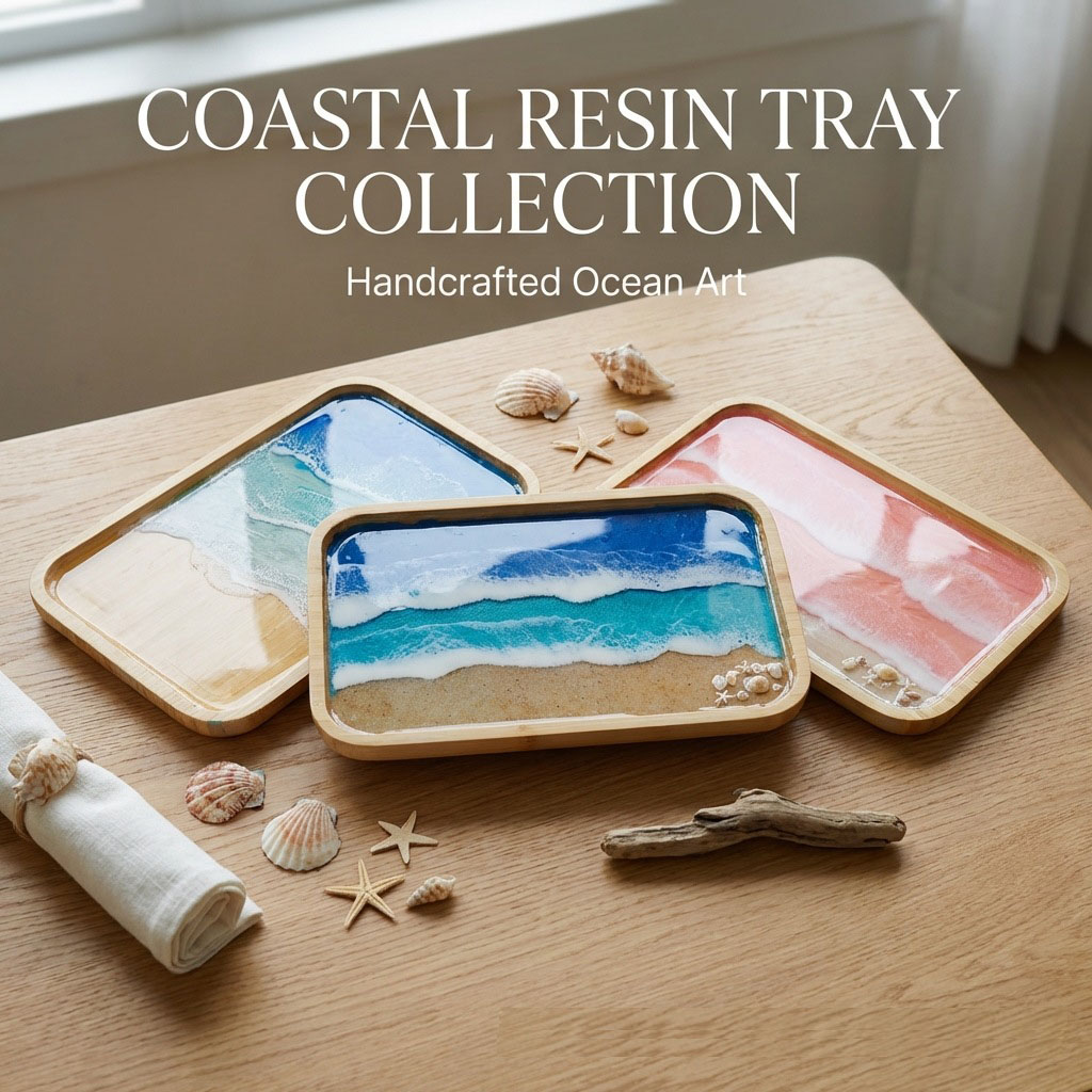 Resin Art Wooden Tray - Epoxy Resin Ocean Art Decorative Tray